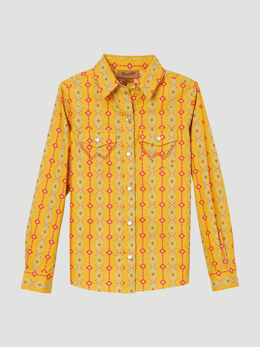 Girl's Long Sleeve Geo Print Western Snap Shirt- Yellow Gold