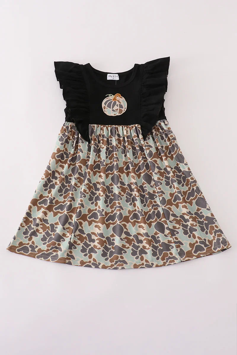 Black camouflage pumpkin applique ruffle Dress