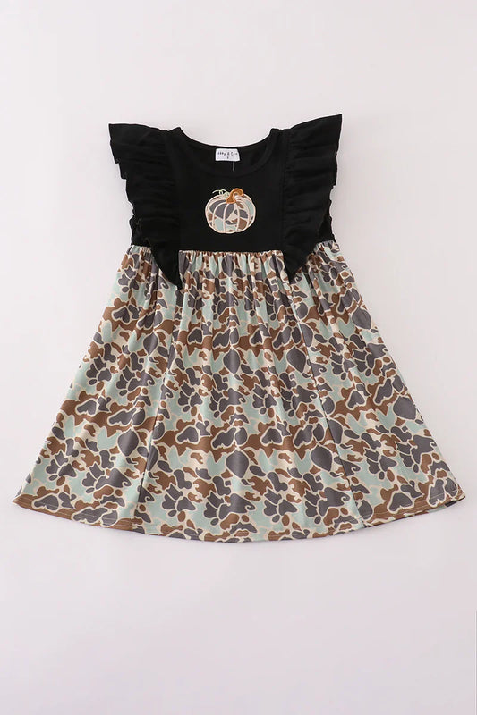 Black camouflage pumpkin applique ruffle Dress