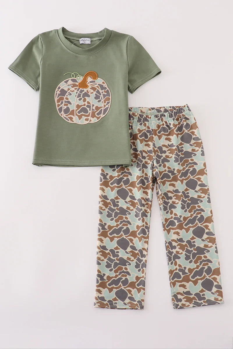 Camouflage print pumpkin applique pants set