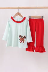 Blue reindeer applique stripe ruffle pants set