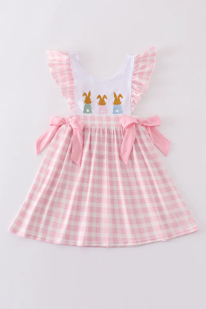 Pink bunny embroidery bow dress