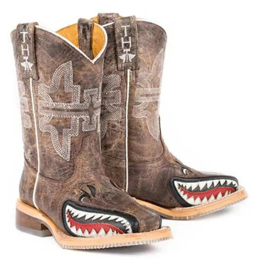 Tin Haul Sharky / Man Eater Sole (Tan) - Little Kids/Big Kids Leather Cowboy Boots