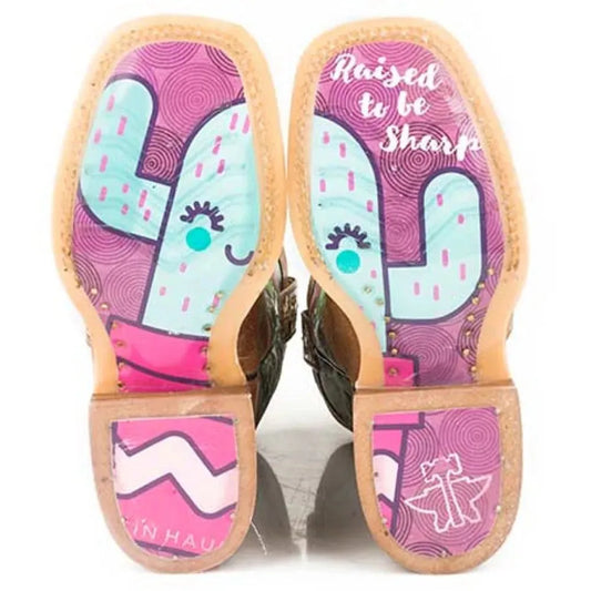 Tin Haul Cactilicious / Raised To be Sharp Sole (White) - Little Kids/Big Kids Leather Cowgirl Boots