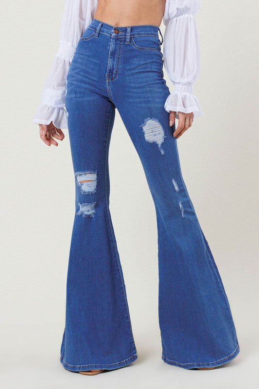 Sleek High Rise Distressed Flare Jeans - 35.5" Inseam