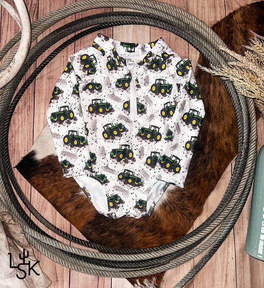 Green Tractors Sun-Safe One Piece Swimsuit