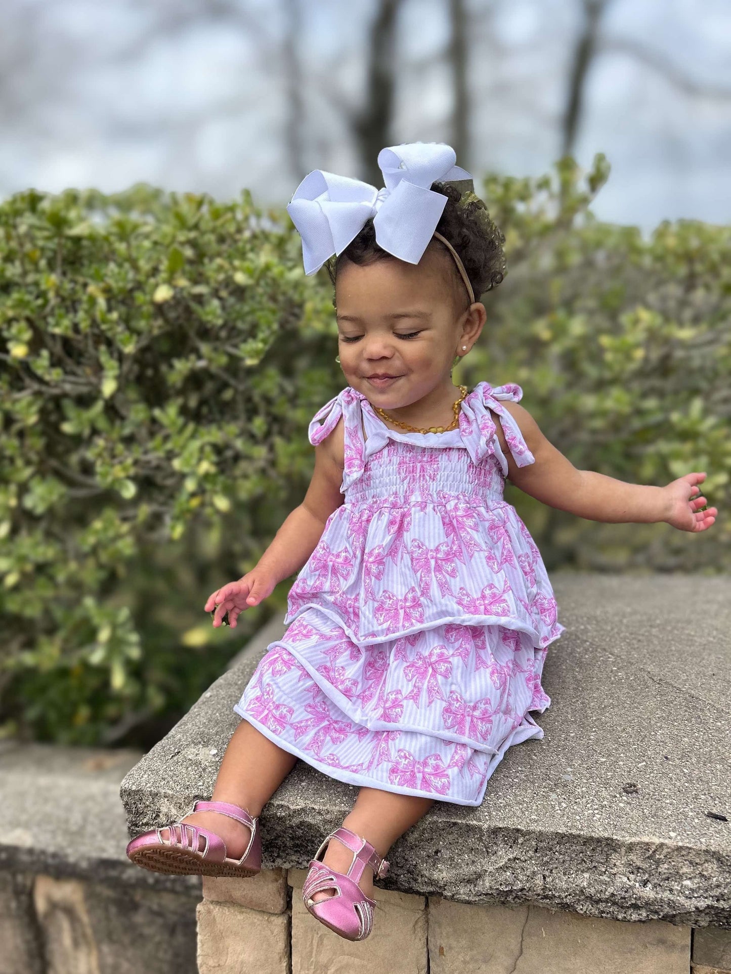 Pink Toile Bow Ruffled Dress (FINAL SALE)