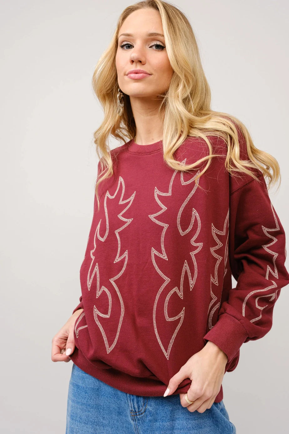 Western Boot Stitch Burgundy Sweatshirt