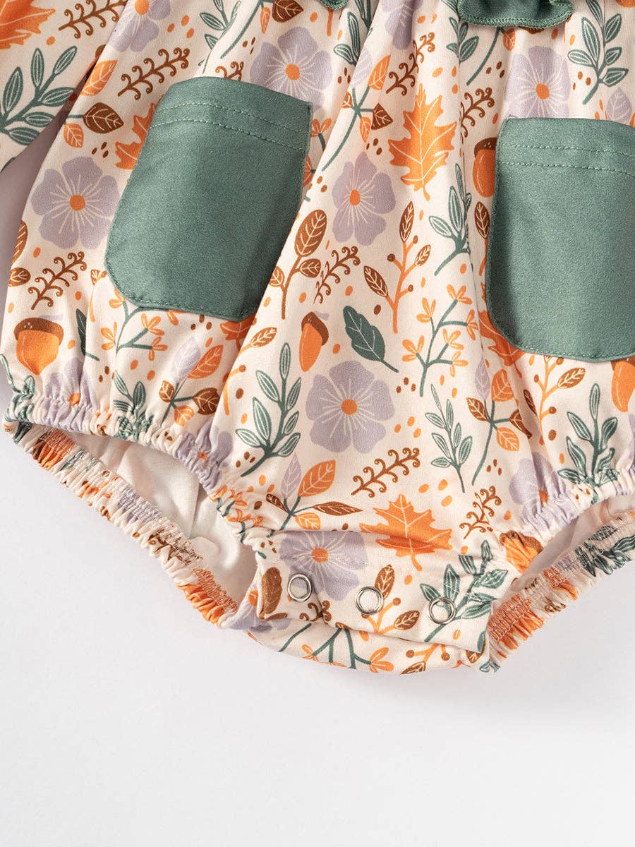 2025 NEW Green Pocket Floral Print Ruffle Baby Girl Romper