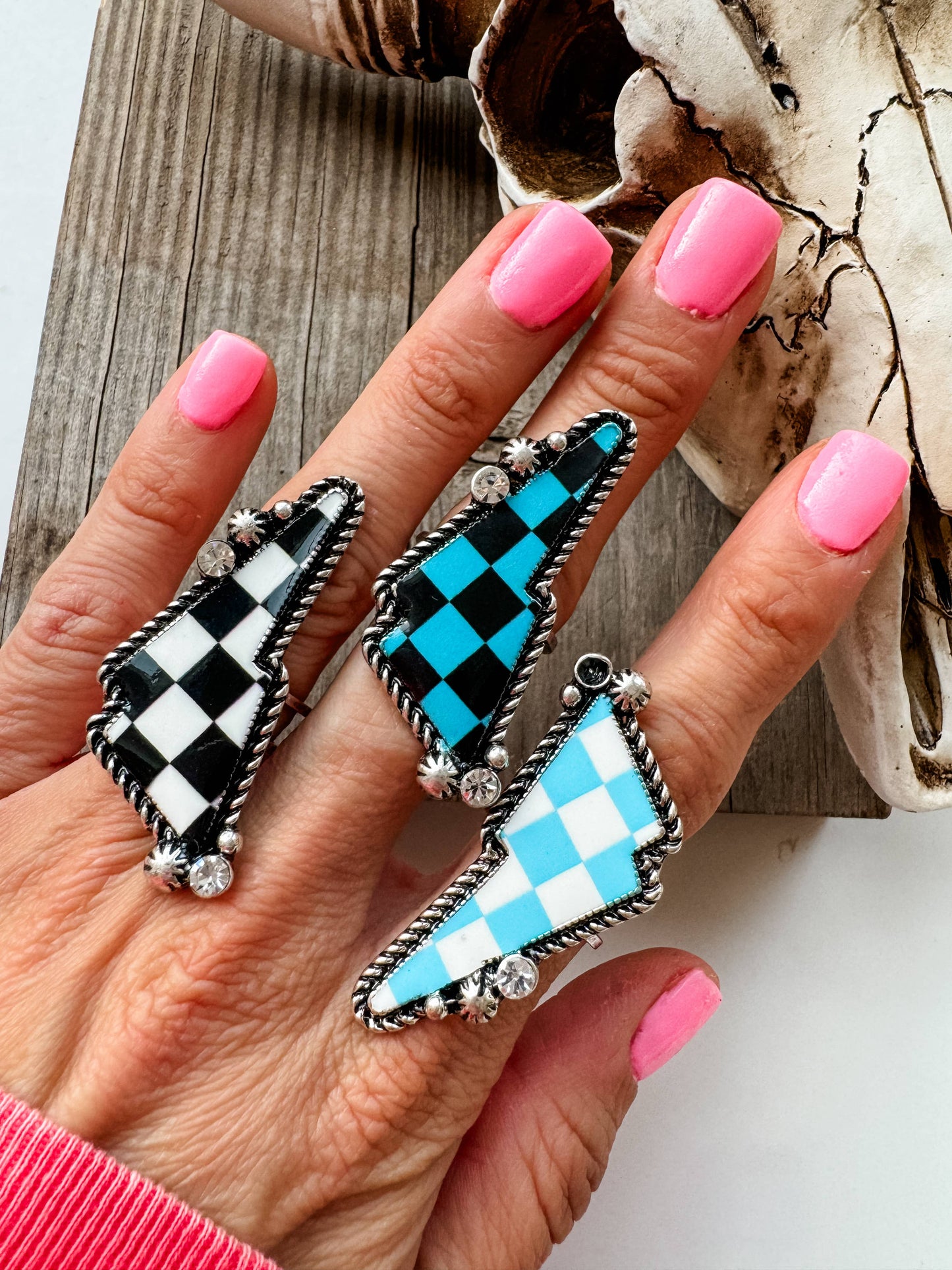 Western Checkered Cuff Ring - oval or lightning bolt