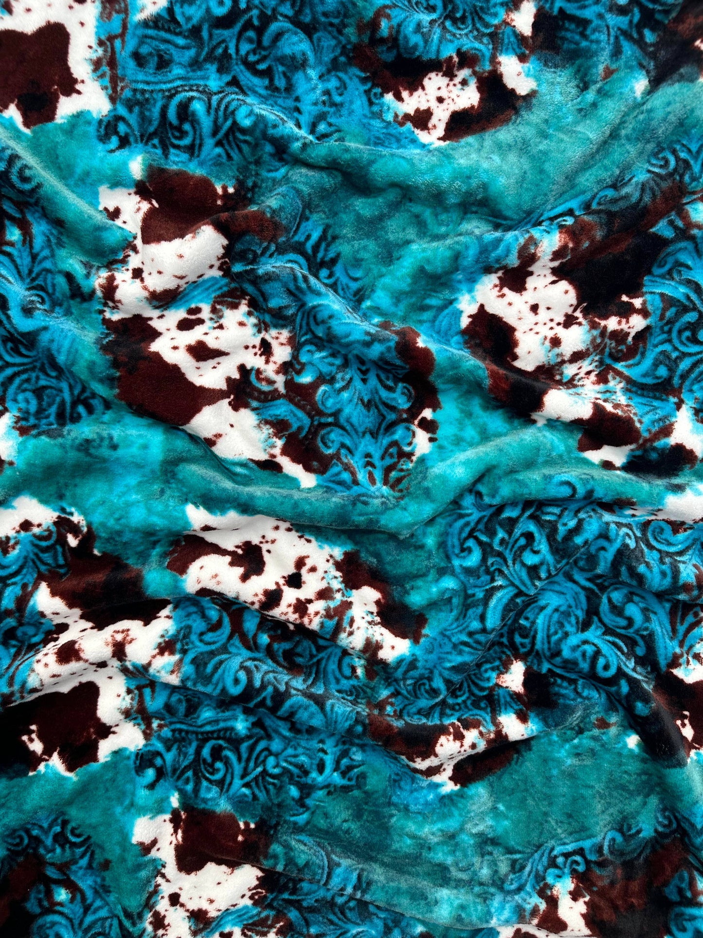 Teal Tooled Leather Cow  King Size Super Soft Plush Blanket