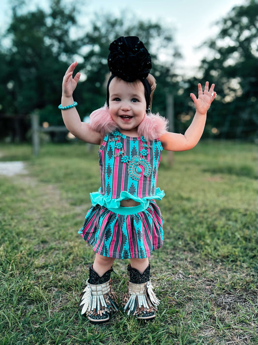 Pink & Teal Aztec Skirted Ruffle Set (FINAL SALE)