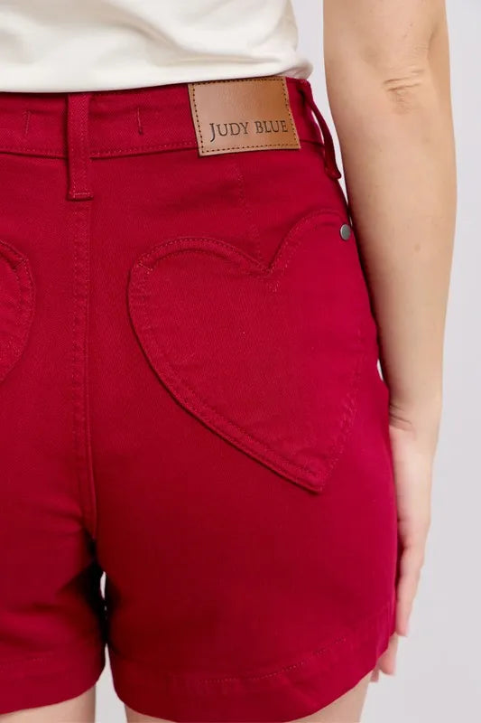 Hear Shaped Pockets -High Waist Tummy Control Garment Dyed Denim Shorts