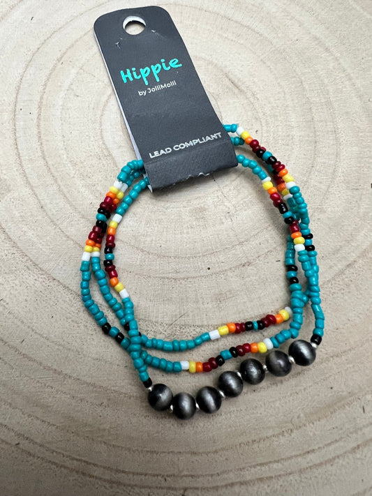 3 for 1 set of Seed Bead with Faux Navajo Pearl Stretch Bracelets - Turquoise