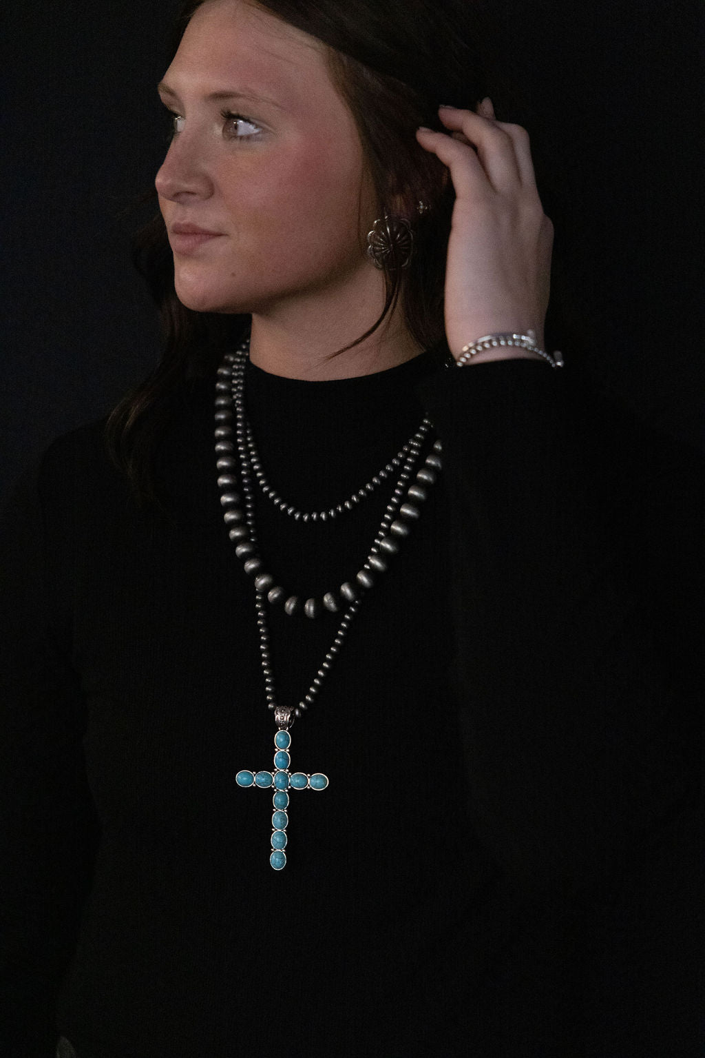 3 Layered Necklace with Faux Turquoise Cross Pendant - 16, 18 and 26 inch