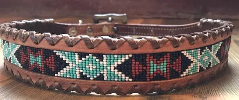 Genuine leather dog collar with teal, white, and black navajo beaded inlay design, a leather wrapped edge