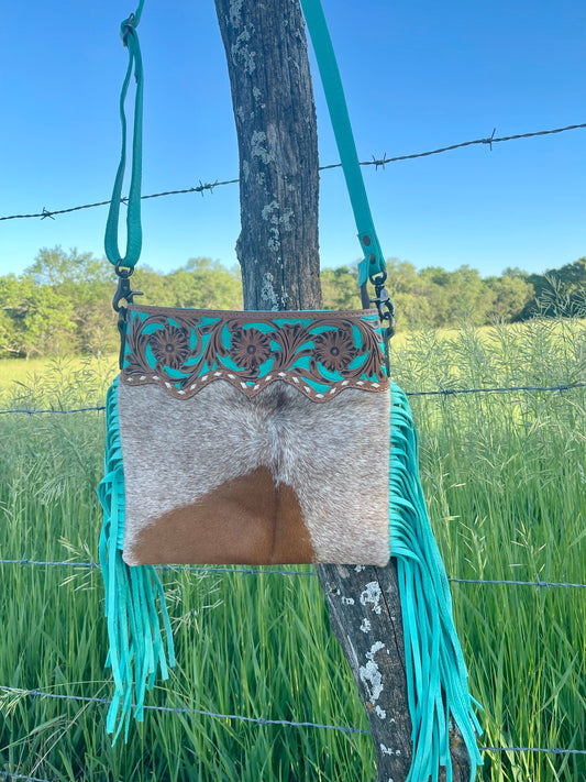Turquoise Fringe Tooled Hide Crossbody