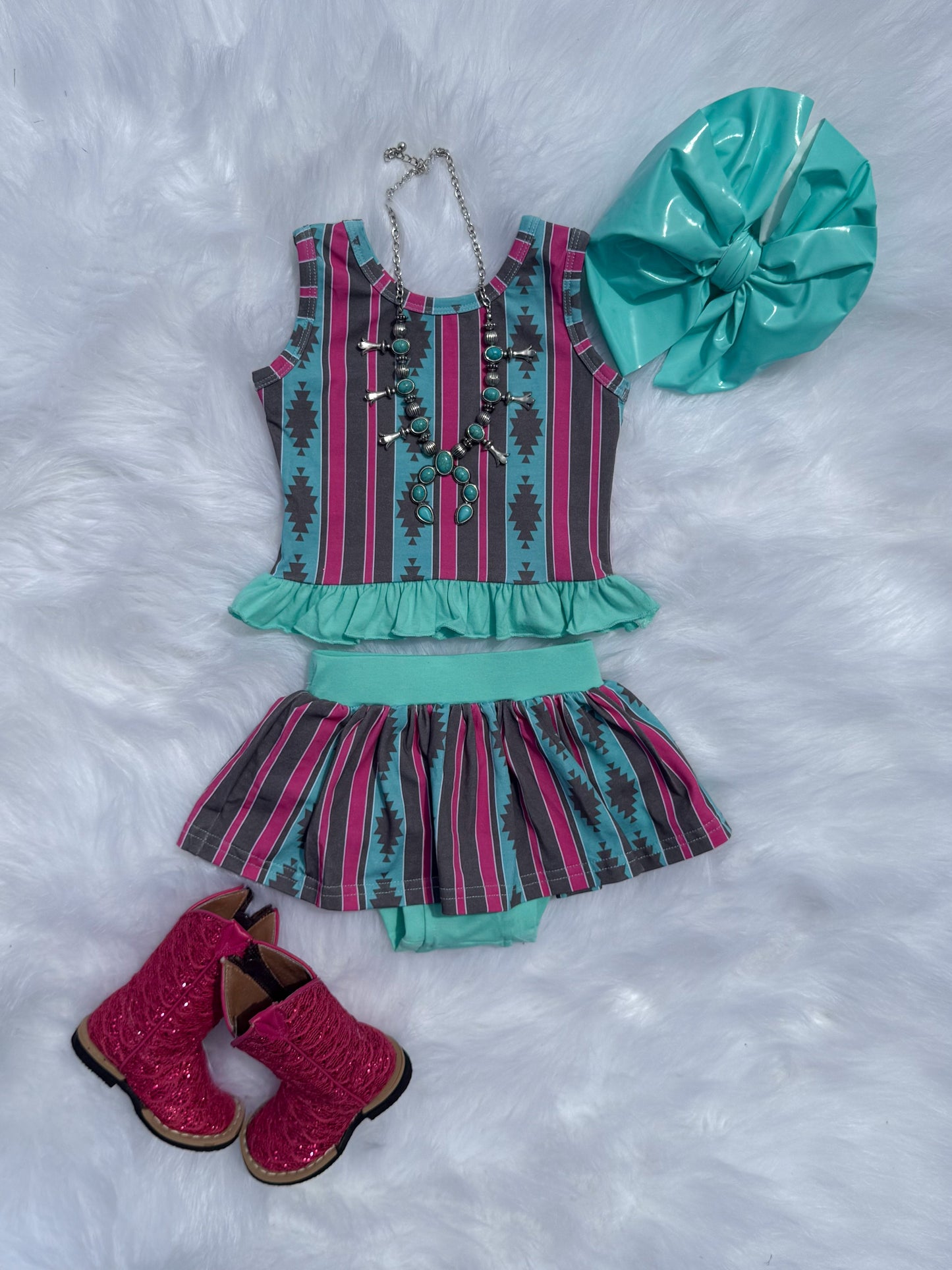 Pink & Teal Aztec Skirted Ruffle Set (FINAL SALE)