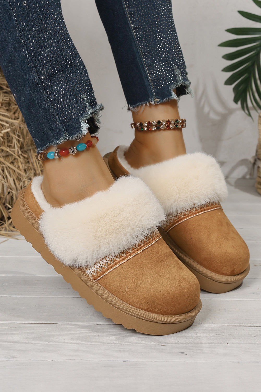 Camel Suede Fuzzy Winter Warm Platform Slippers