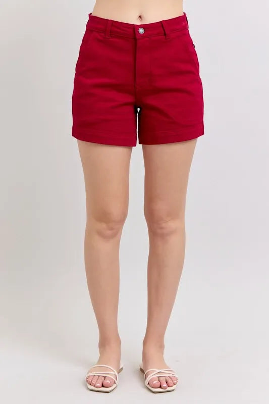 Hear Shaped Pockets -High Waist Tummy Control Garment Dyed Denim Shorts