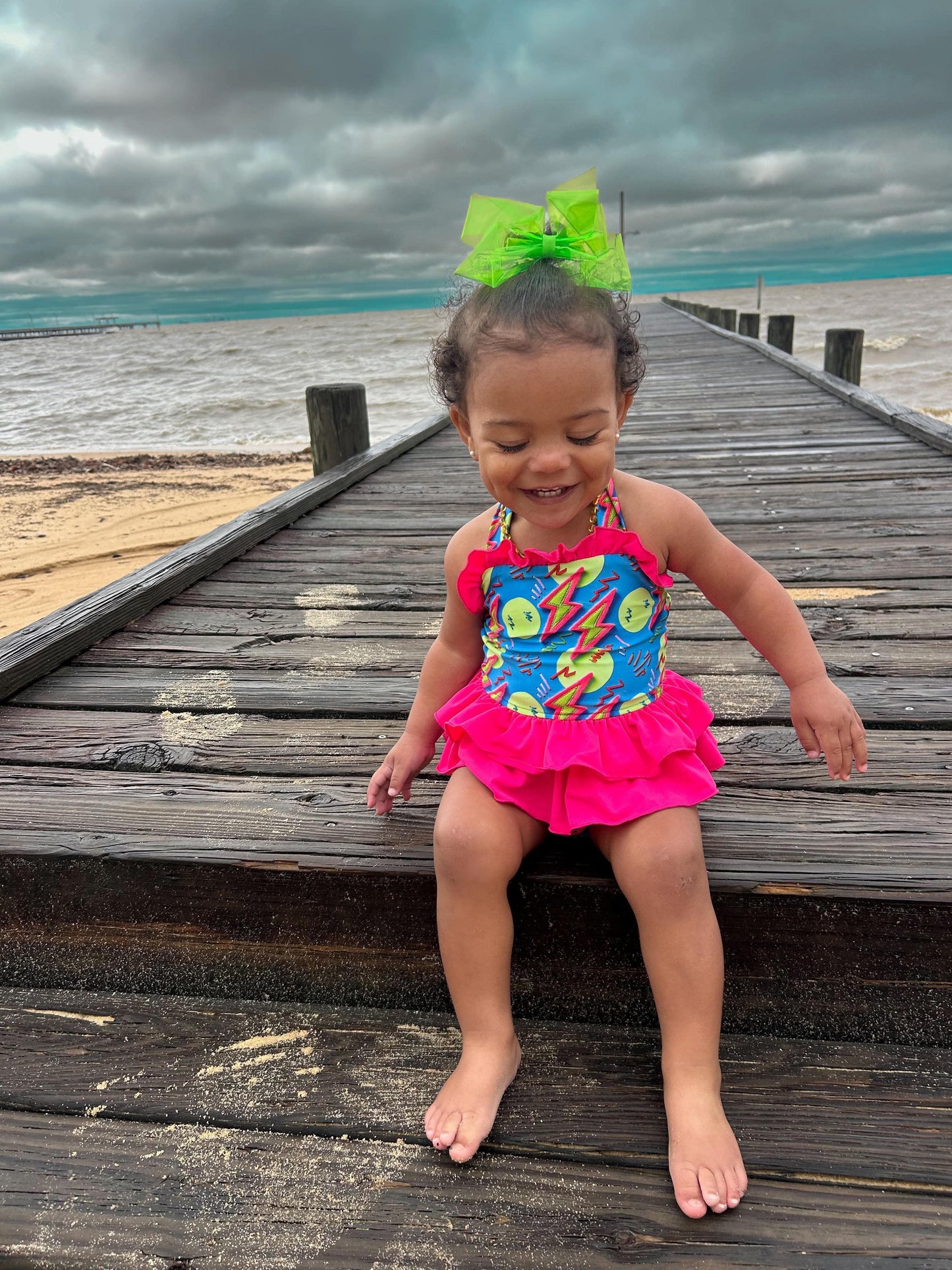 Neon Bolts Ruffled Swim Suit (FINAL SALE)