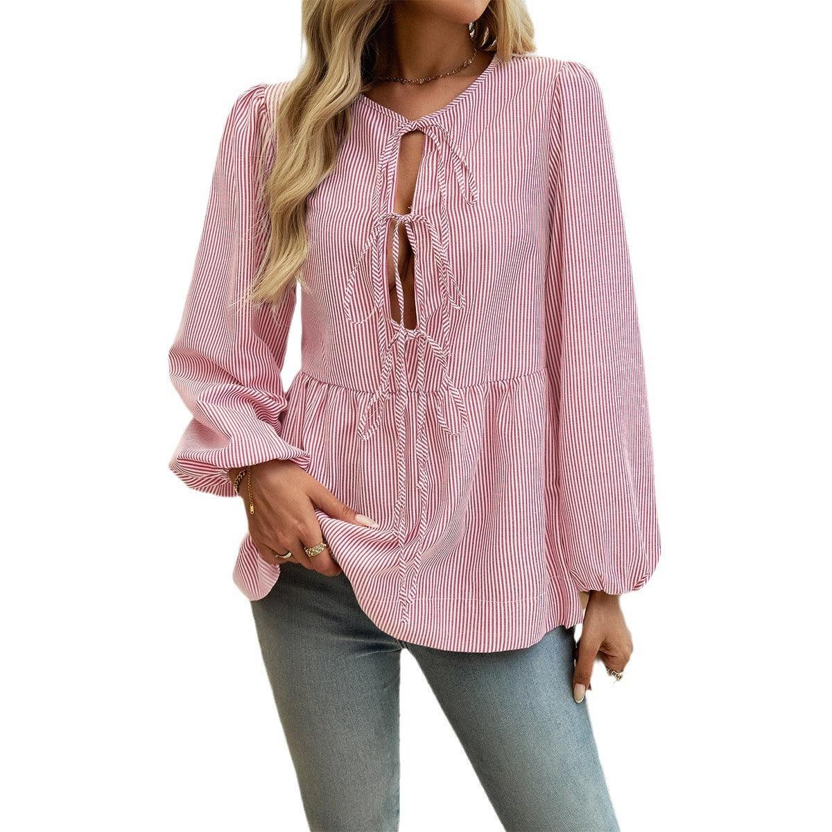 Boho Chic Striped Lace-Up Shirt - Trendy Loose Fit Casual Top for Women