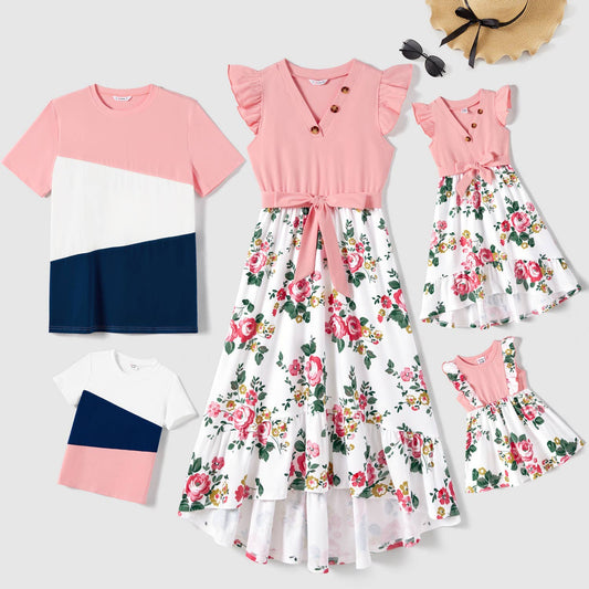 Family Matching Short-sleeve Colorblock T-shirts & Dresses