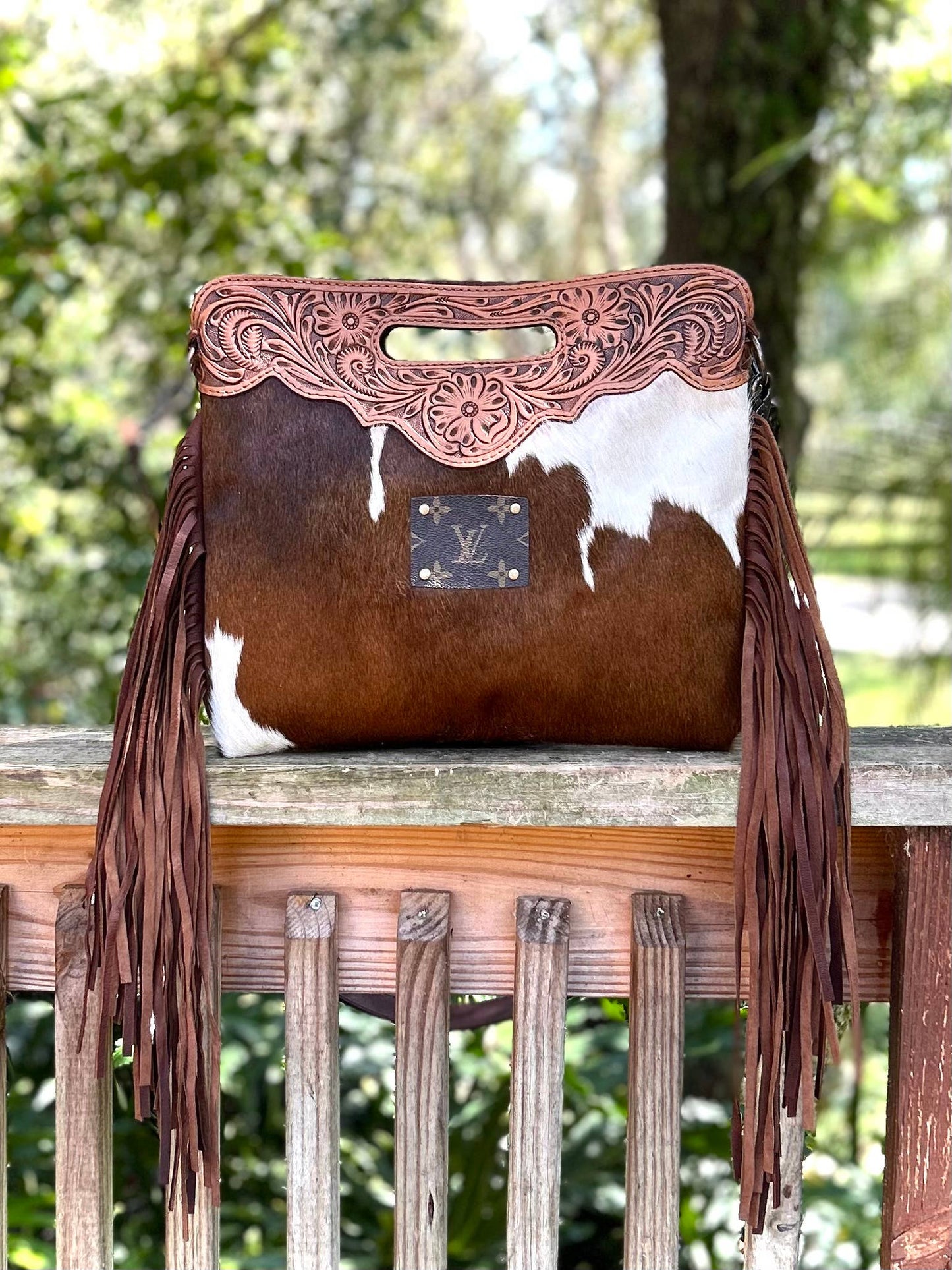 Upcycled LV Cowhide Leather Crossbody Clutch Bag Western