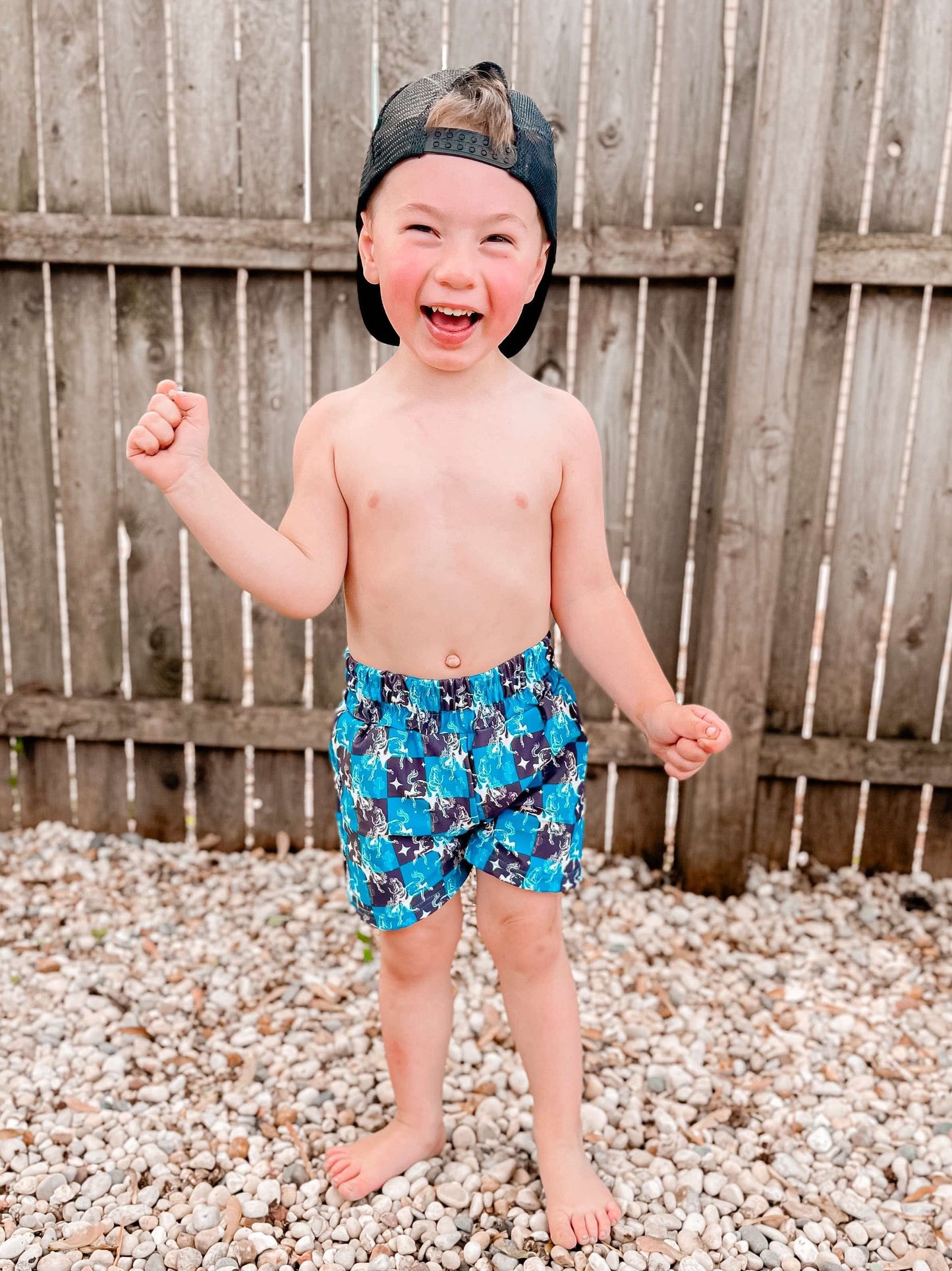 Teal Buckin’ Broncs Swim Trunks