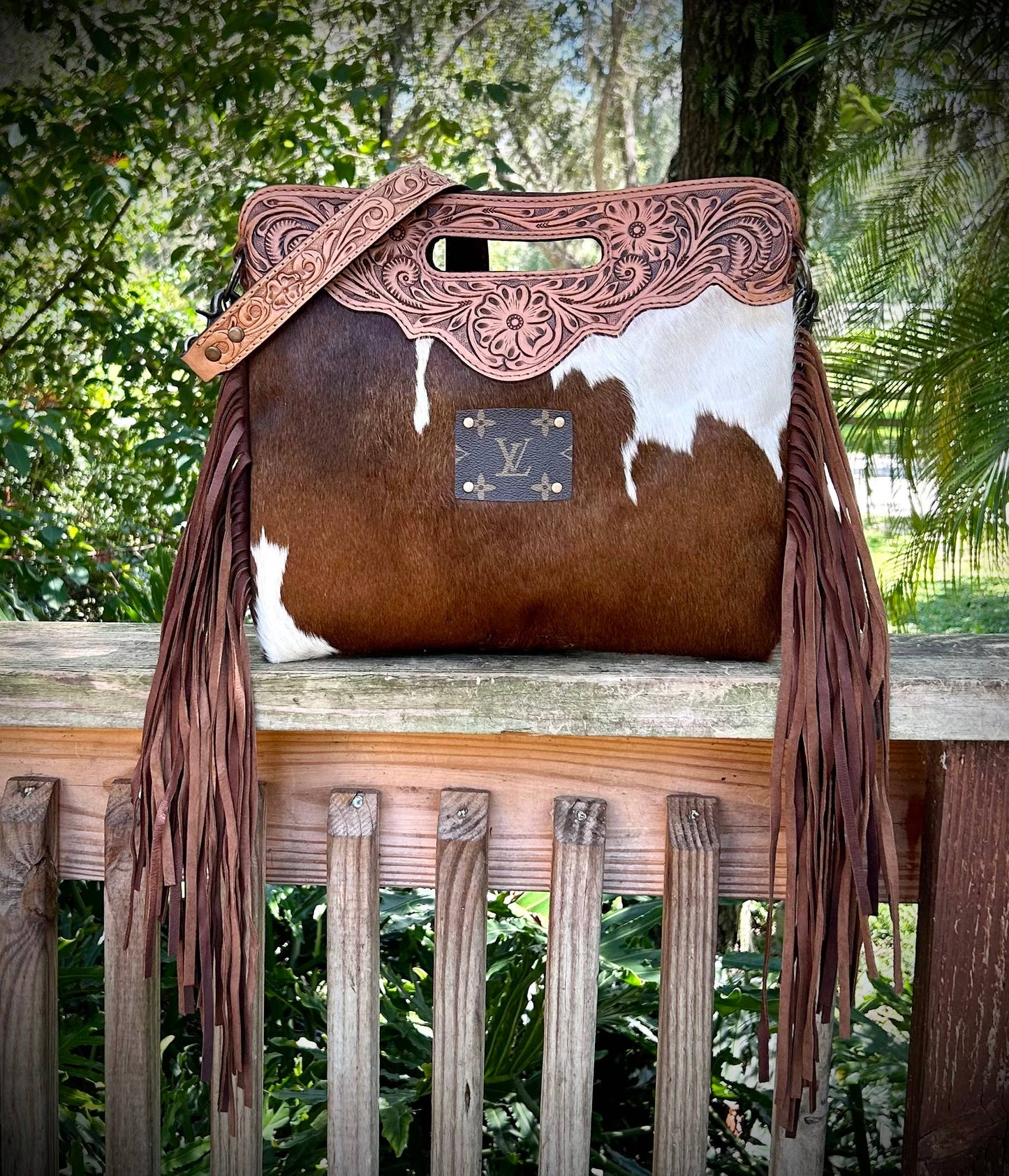 Upcycled LV Cowhide Leather Crossbody Clutch Bag Western