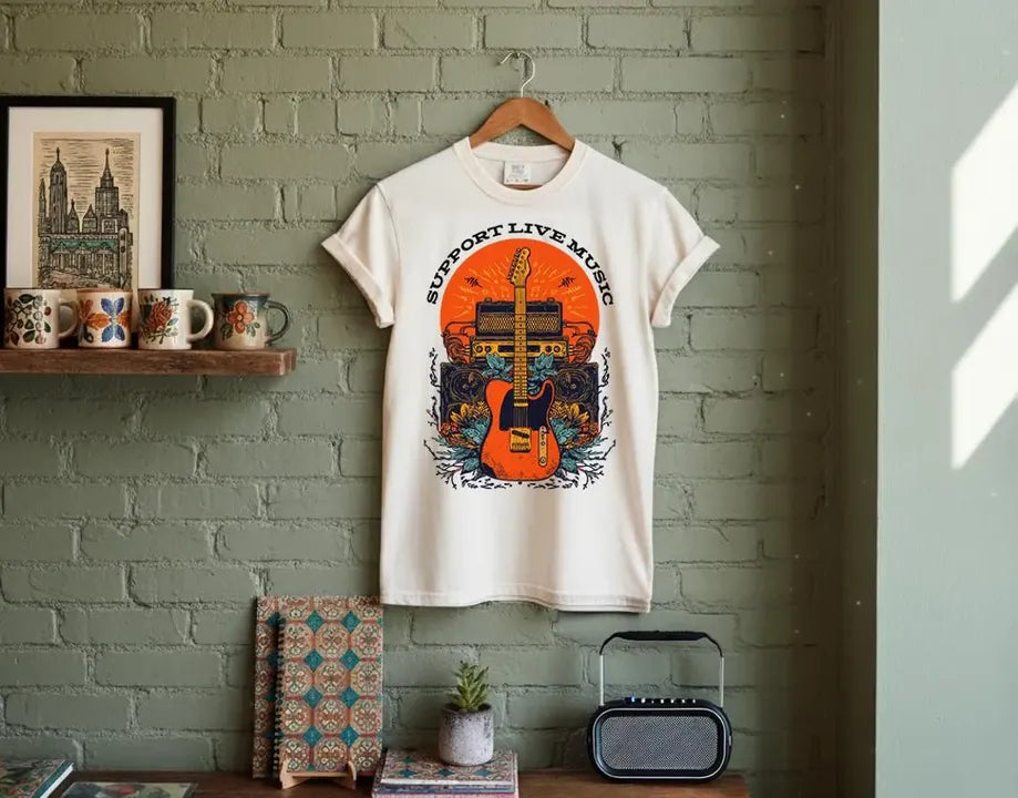 Boho Guitar SUPPORT LIVE MUSIC Unisex Tee