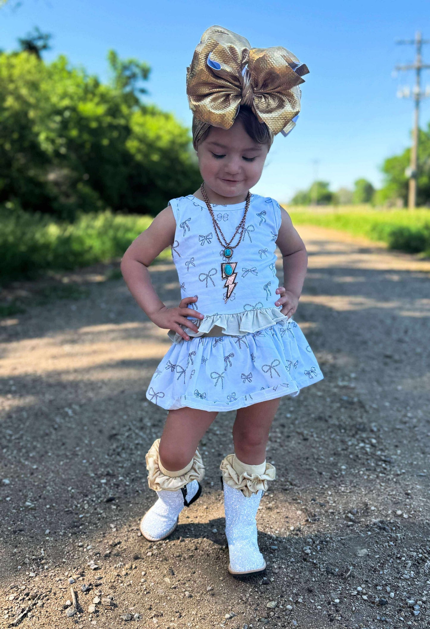 Sad Biege Bow Skirted Romper set (FINAL SALE)