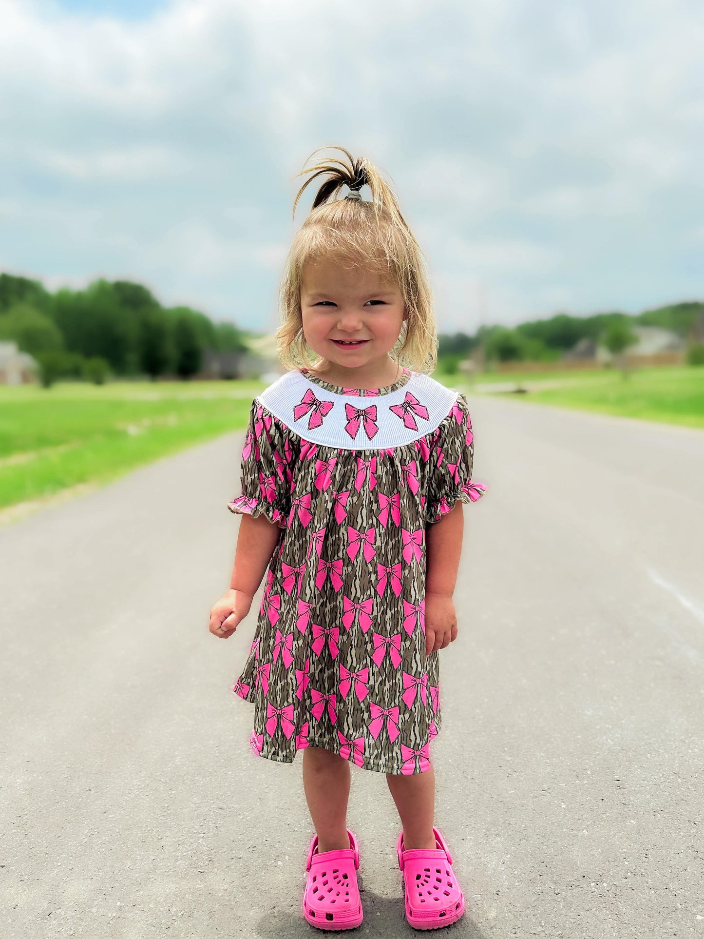 Smocked camo bows Dress