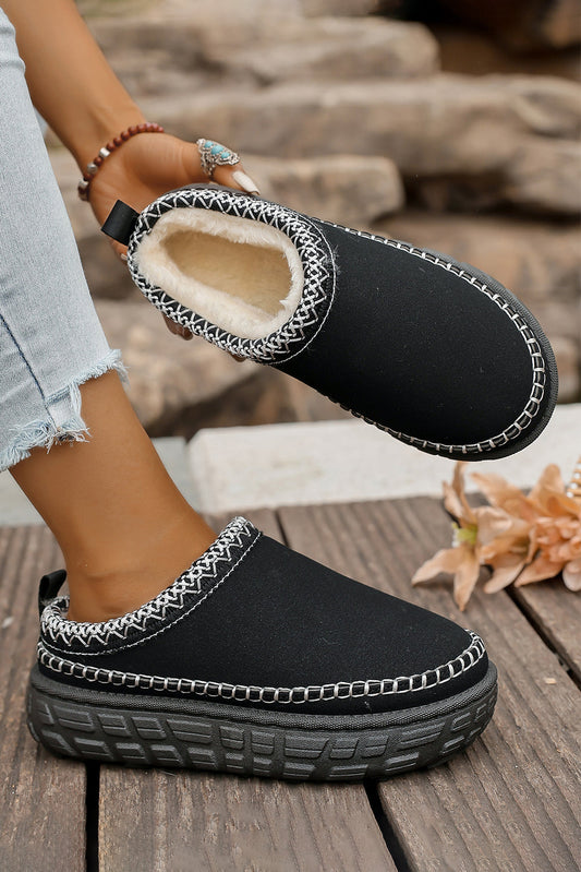 Black Contrast Stitch Detail Plush Winter Clog Slippers