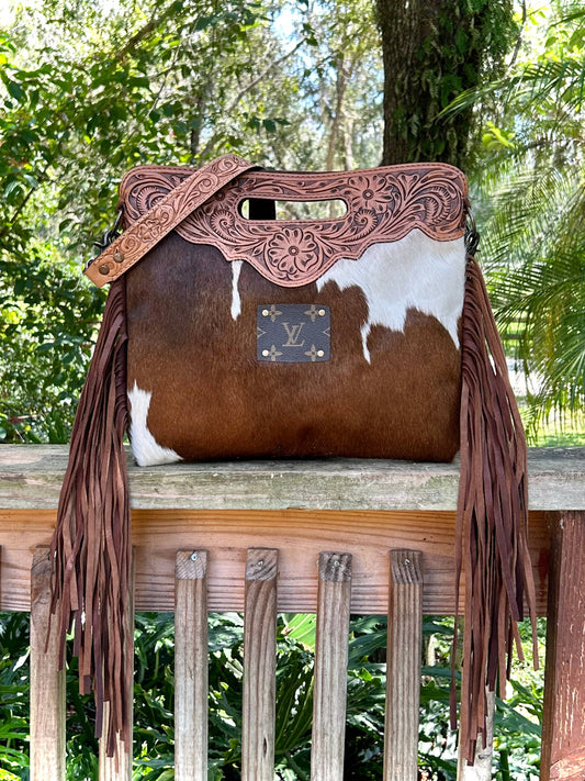 Upcycled LV Cowhide Leather Crossbody Clutch Bag Western