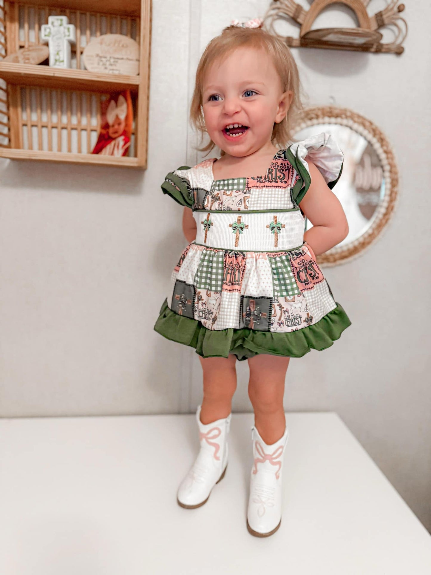Smocked camo cross girl romper