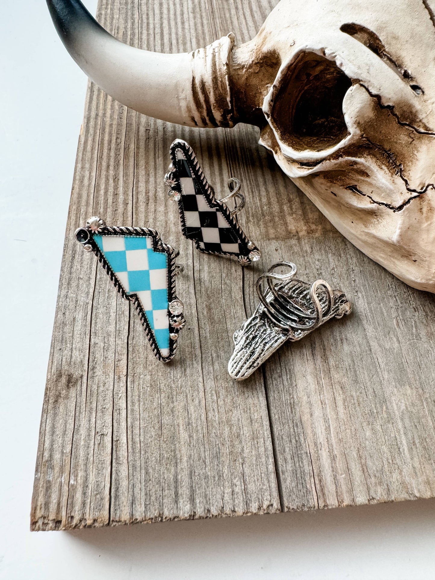 Western Checkered Cuff Ring - oval or lightning bolt