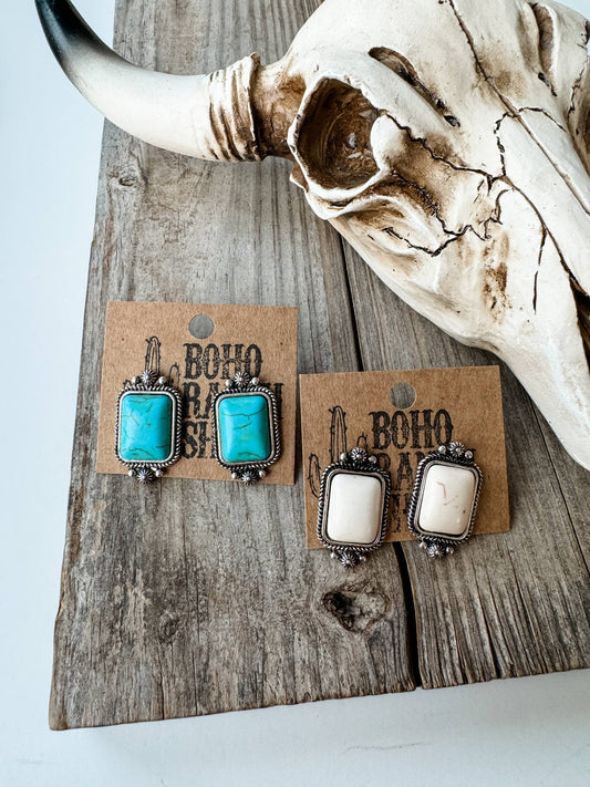 Western Rectangle Stone Studs Post Earrings