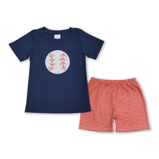 Cotton baseball embroidery top shorts boys clothing set: Navy plaid