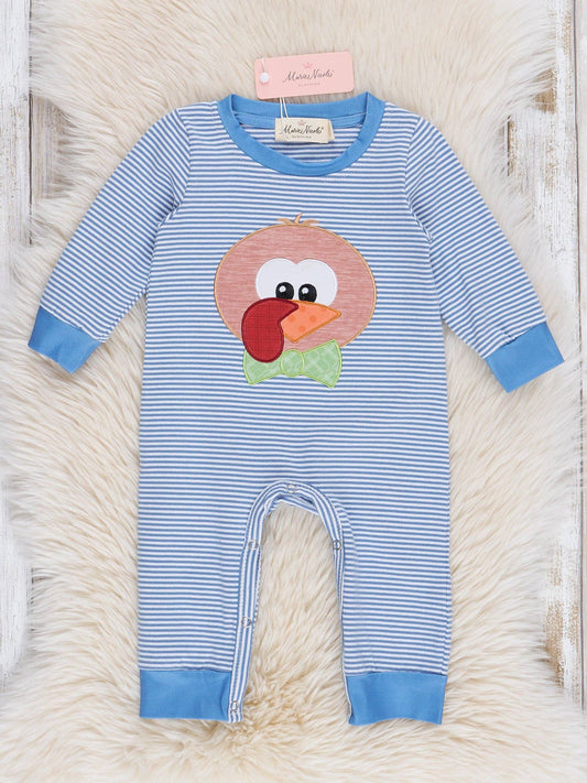 Blue Stripe Embroidered Turkey Romper