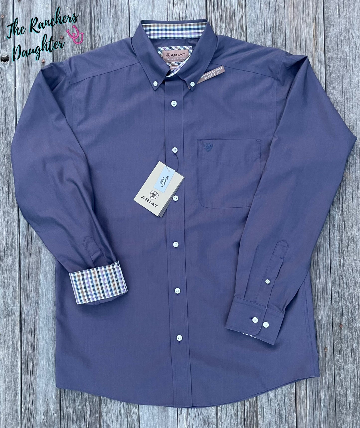 Ariat Men's Navy Wrinkle Free Solid Pinpoint Oxford Classic Fit Shirt