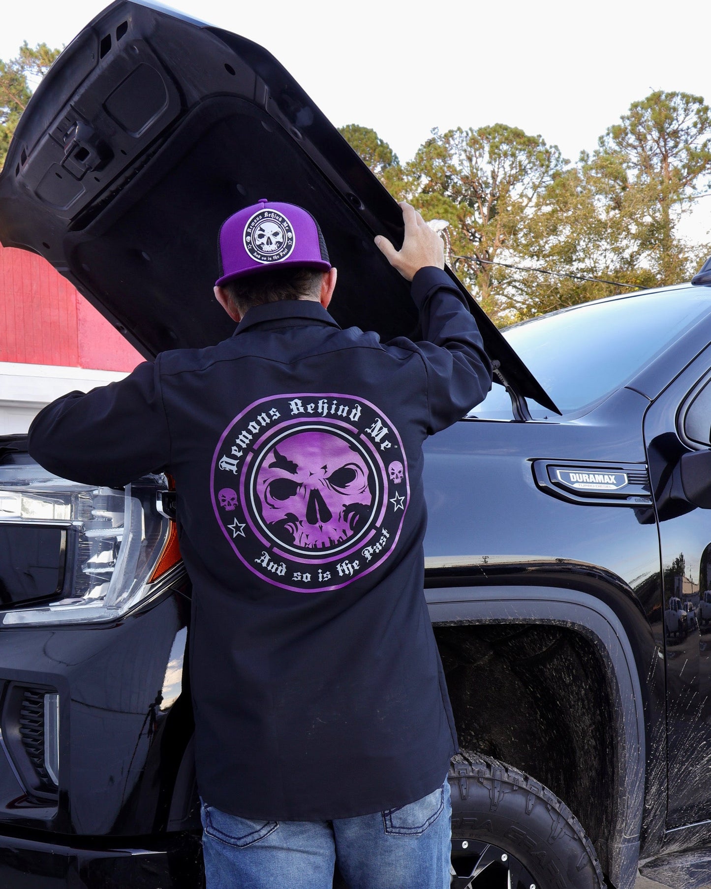 Men's Long Sleeve Black Embroidered Shop Shirt - Purple Logo