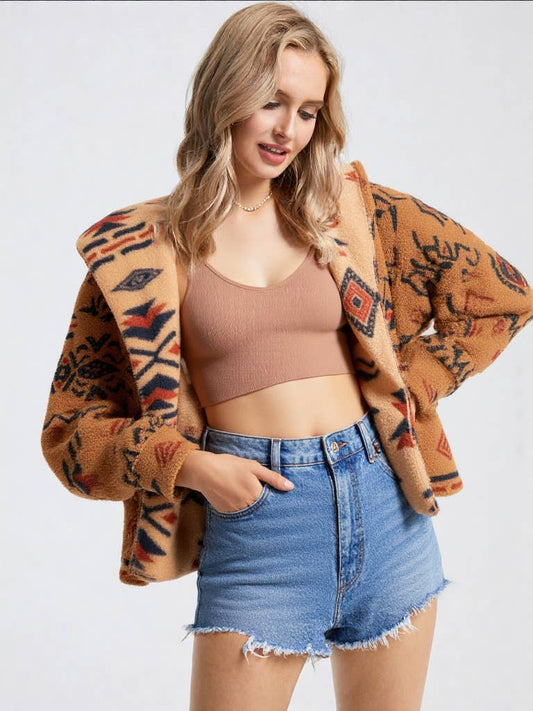 Aztec Tribal Print Oversized Hooded Fleece Jacket – Cozy Western Winter Outerwear