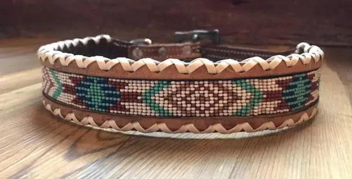 Genuine leather dog collar with teal, white, and burgundy navajo beaded inlay design and Rawhide edge