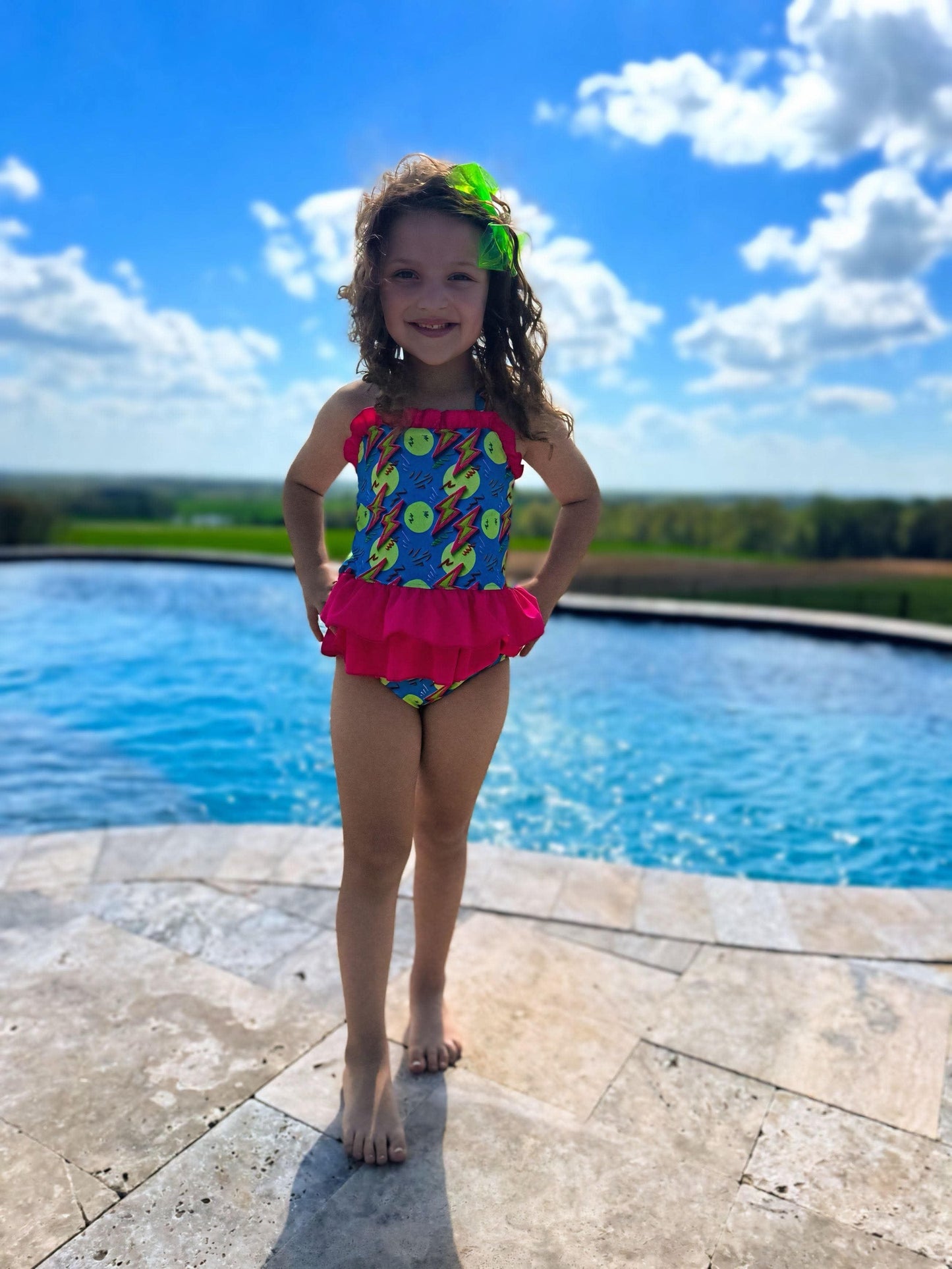 Neon Bolts Ruffled Swim Suit (FINAL SALE)