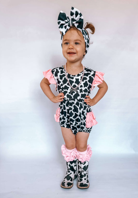 Cow Print With Pink Ruffles Romper (FINAL SALE)