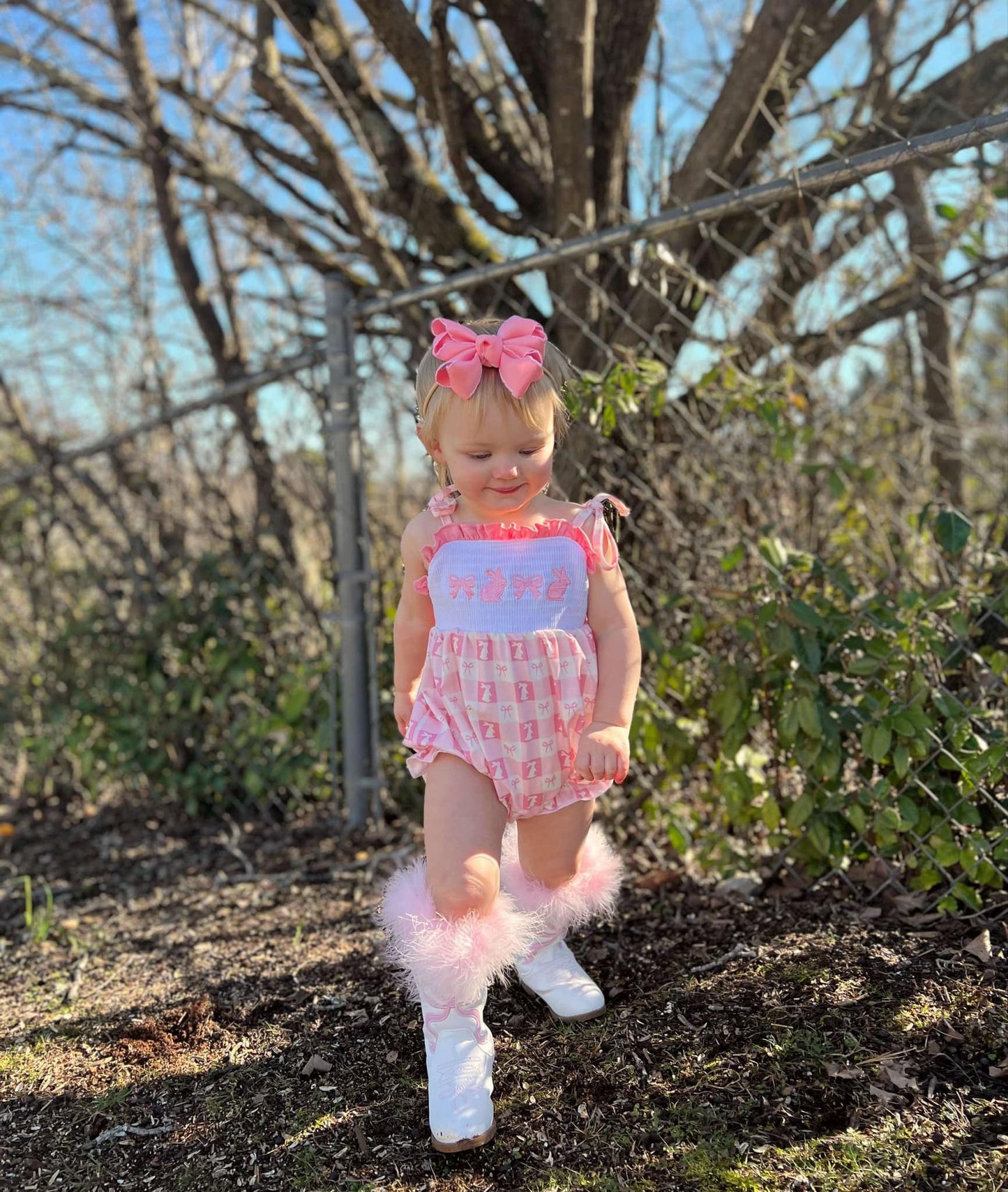 Smocked bunny bows tie romper