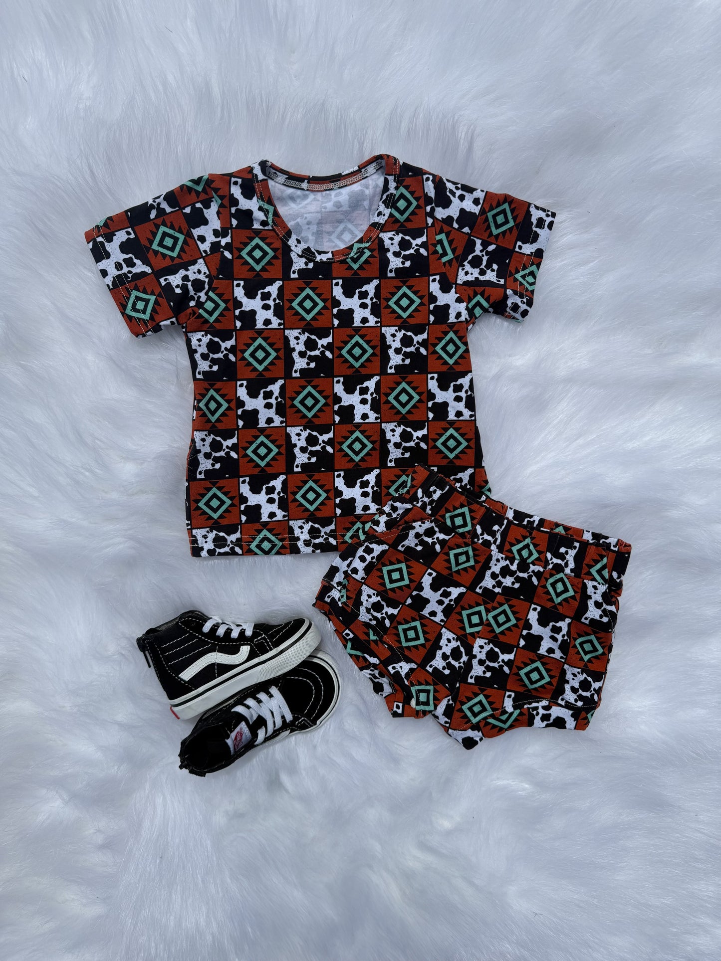 Cow & Aztec Checkered Short Set (FINAL SALE)