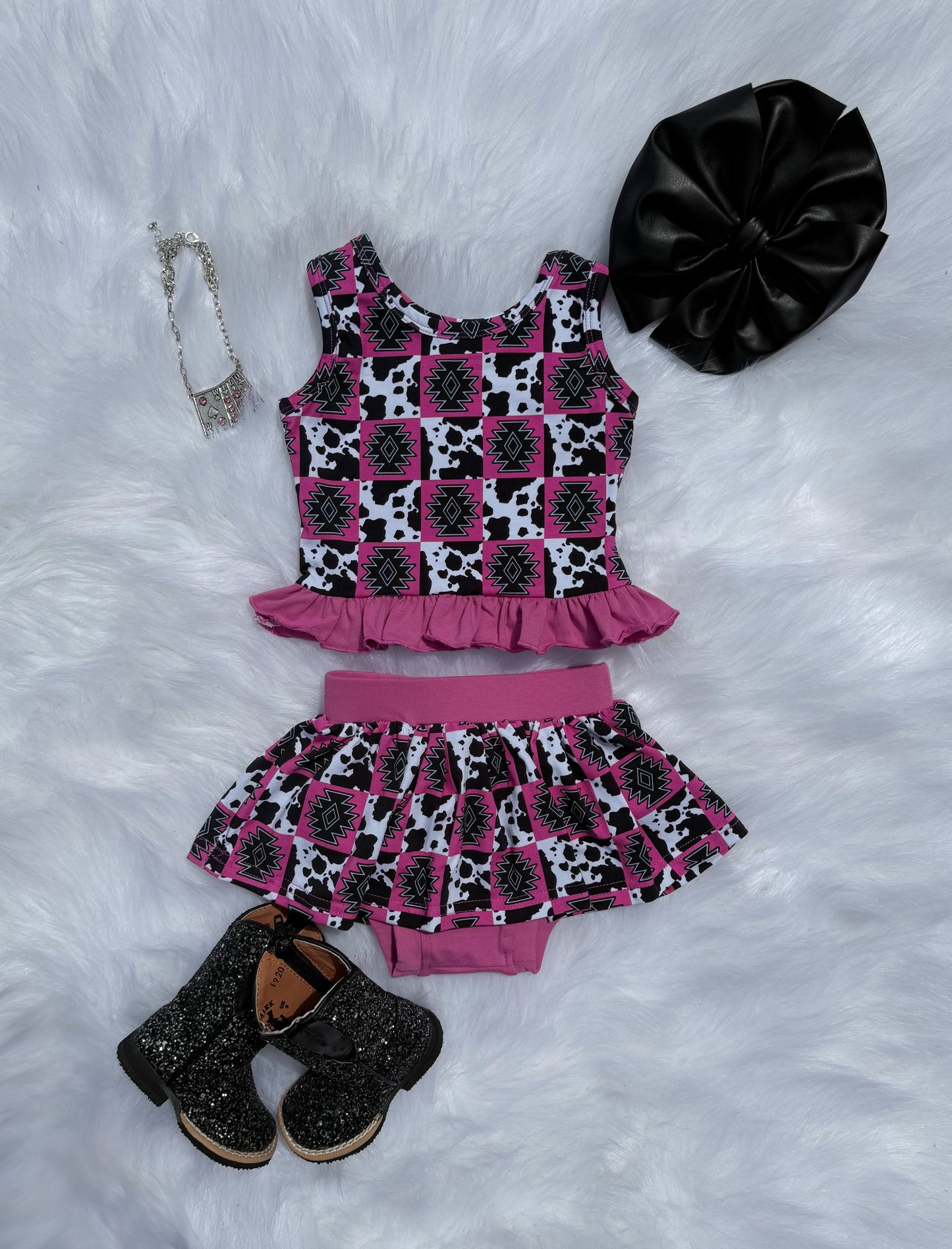 Pink Aztec & Cow Checkered Skirted Ruffle Set (FINAL SALE)