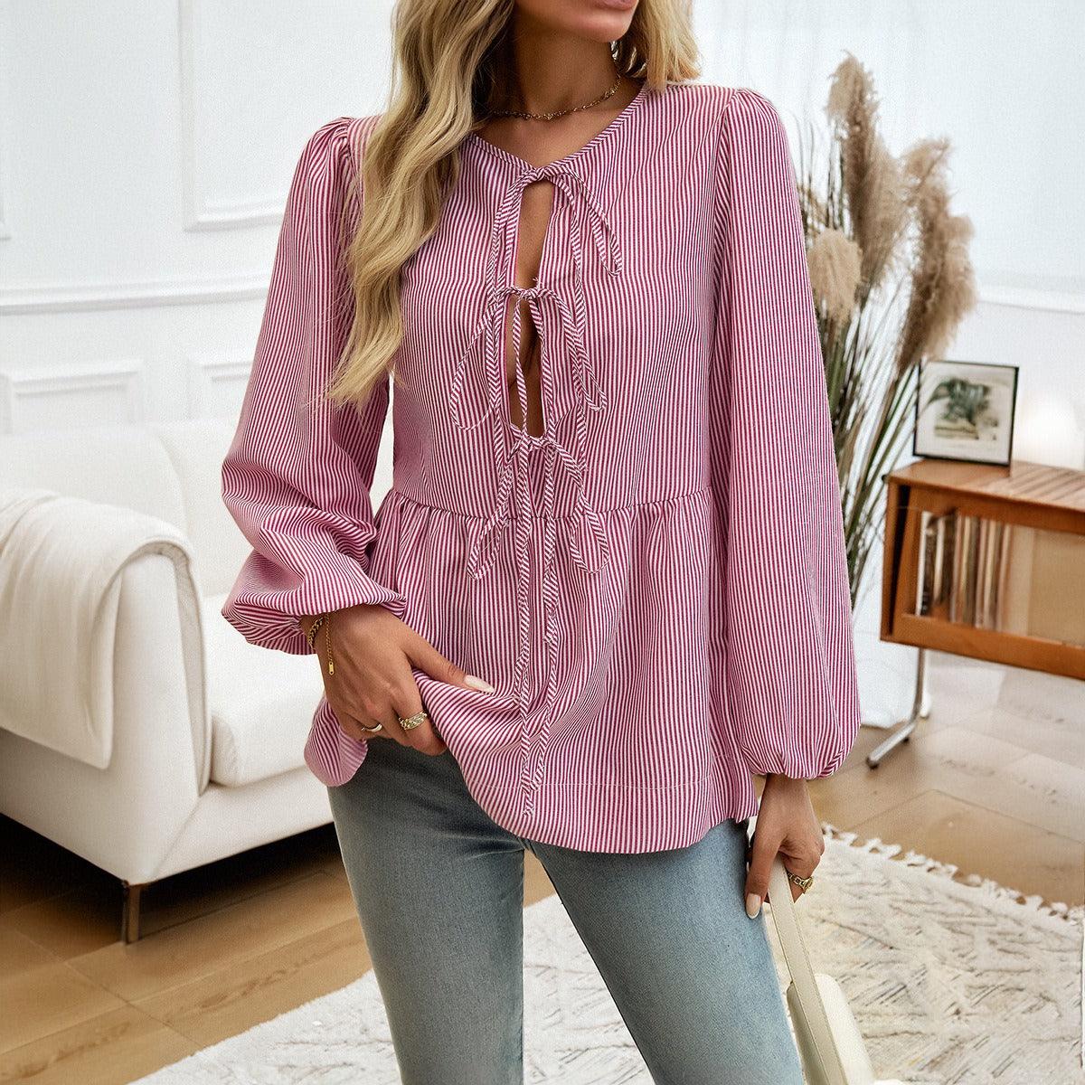 Boho Chic Striped Lace-Up Shirt - Trendy Loose Fit Casual Top for Women